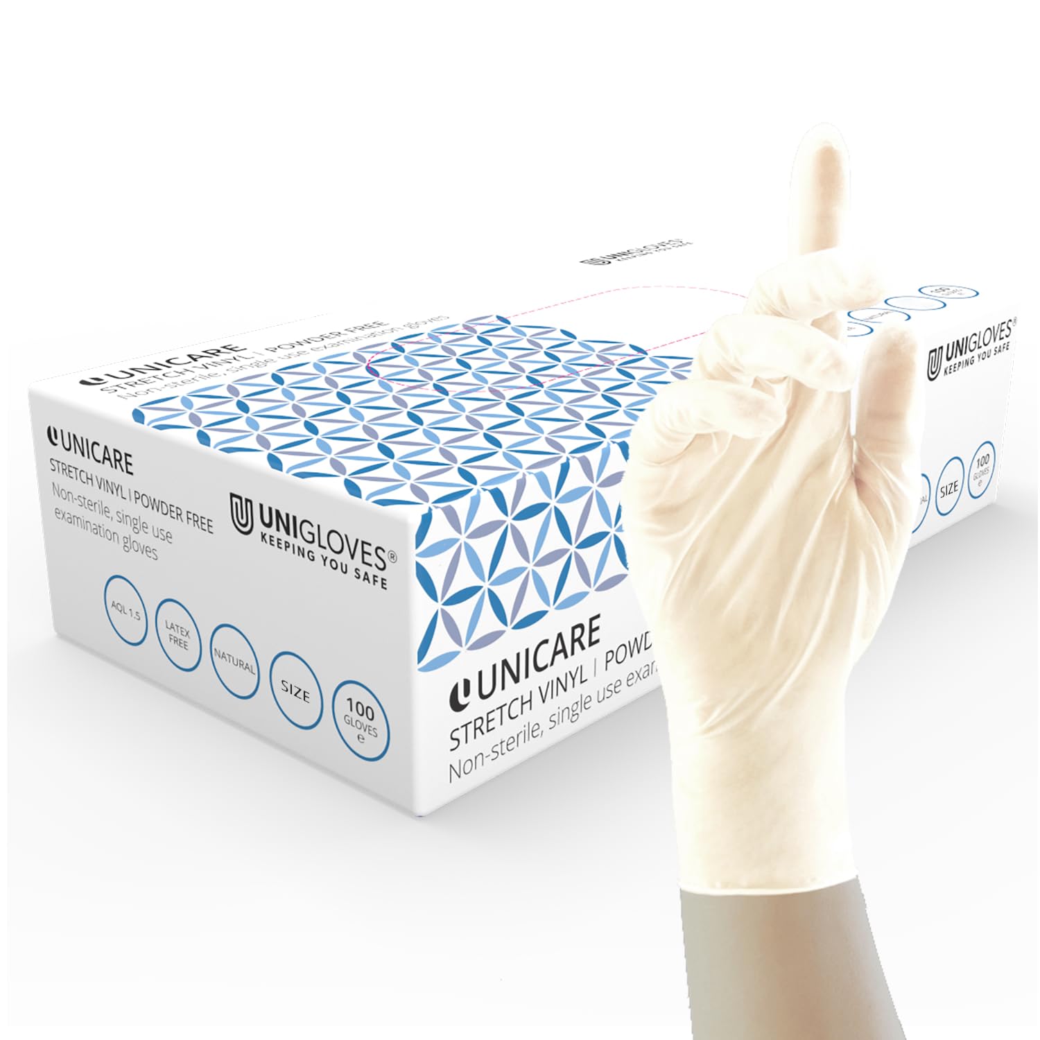 Unigloves Unicare Stretch Vinyl GS0134-A Examination - Multipurpose, Stretch Vinyl Disposable Gloves, Box of 100 Gloves, Natural, Large