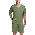 PrinStory Men's Pajama Set Sleepwear Pjs Lightweight Quick Dry Short Sleeve V-Neck Shirts and Shorts Soft Comfy Sleep Sets
