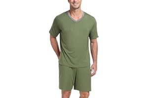 PrinStory Men's Pajama Set Sleepwear Pjs Lightweight Quick Dry Short Sleeve V-Neck Shirts and Shorts Soft Comfy Sleep Sets