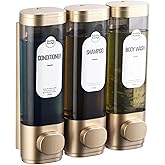 Shampoo and Conditioner Dispenser, Refillabe Shower Soap Dispensers 3 Chamber No Drill Shampoo Dispenser for Shower Wall Mounted 3 * 300ml Container for Bathroom Hotel (Bronze Gold 3 Chamber)