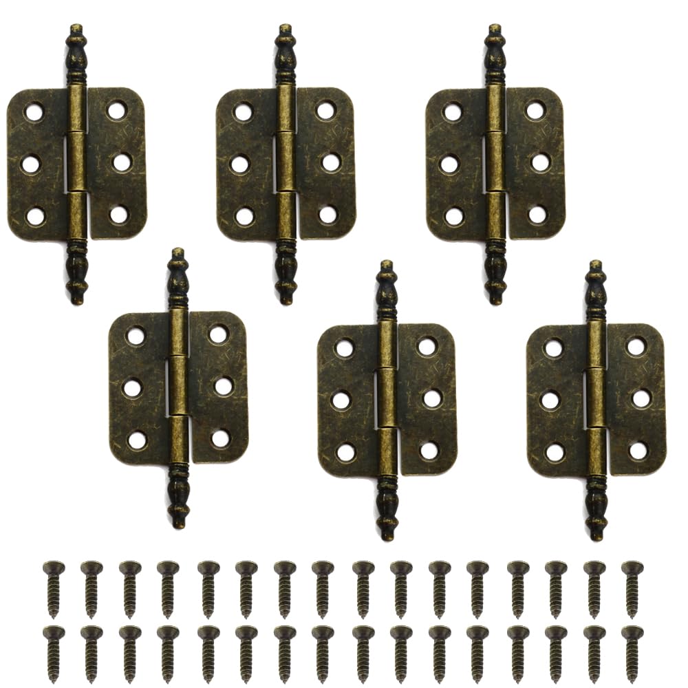 6Pcs Antique Bronze Mini Hinges - 36 x 70mm, 6 Holes, Vintage Crown Head Wooden Box Hinges with 36 PCS Screws for Jewelry Case, Toolbox, Cabinet, Cupboard