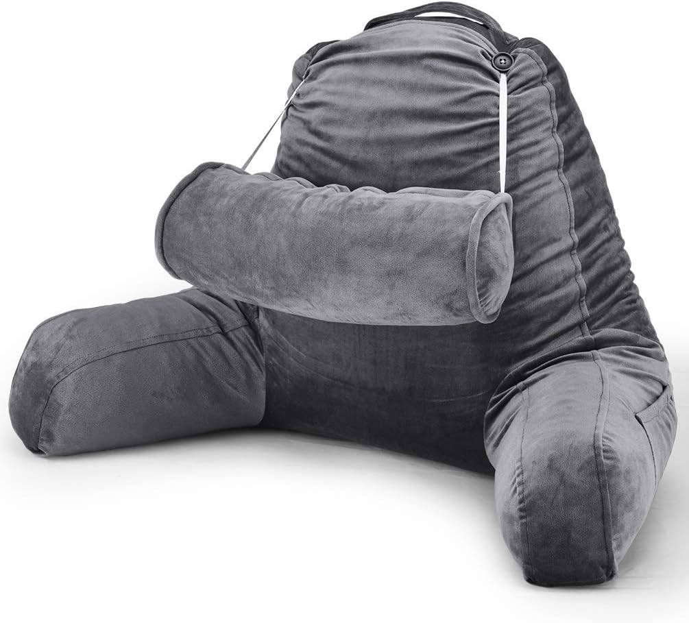 ACWARM HOME Reading Pillow, Bed Rest Pillow with Shredded Memory Foam, Support Arms, Headrest, Leg Pillow - Perfect Back Support for Reading, Relaxing for Kids & Adults (Grey): Home & Kitchen