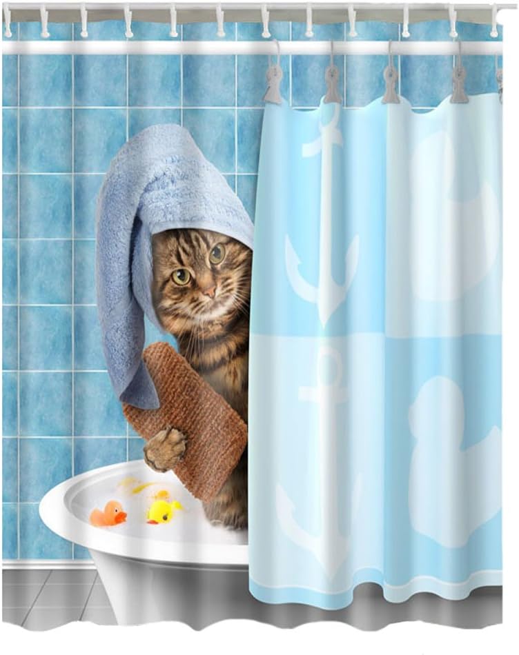 luxurysmart Animals Funny Kitten Cat Bathing Decor Shower Curtain Polyester Fabric Mildew Proof Waterproof Cloth Shower Room Decor Shower Curtains 180cm X 200cm