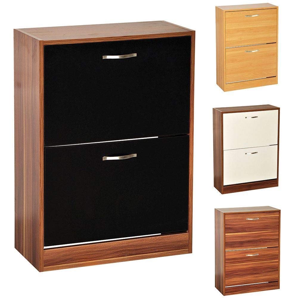 Vida Designs Shoe Cabinet, Wooden Shoe Storage Unit with 2 Pull-Down Drawers, Multifunctional Dust-Proof Space-Saving Slim Cupboard for Hallway or Entryway (Walnut & White)