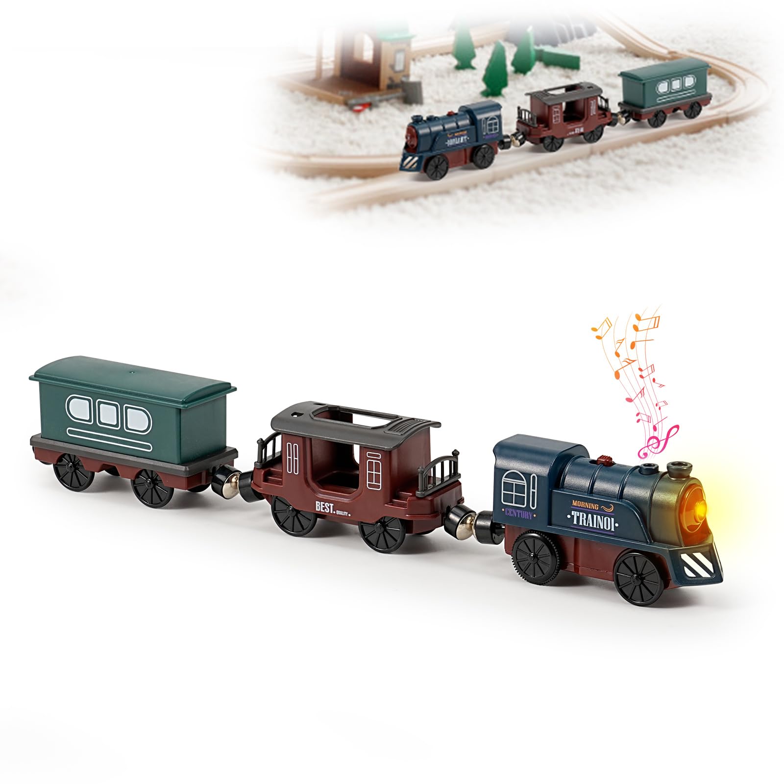 Train Toy Set for Wooden Track - 3 Pcs Magnetic Retro Battery Operated Train for Wooden Track Light Up Electric Train Toys for 3 4 5+ Years Old Toddlers Kids Boy Girl Birthday Christmas — image 1