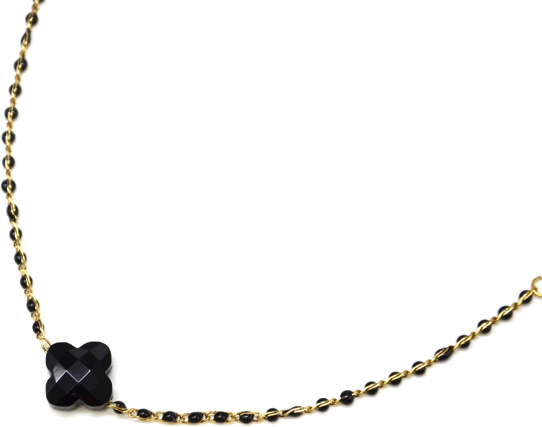 Oh My Shop CC2194F Fine Chain Necklace Gold Steel Beads Enamel Black with Clover Stone