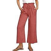 UEU Women's Linen Casual Pants Summer Wide Leg Loose Ruffle High Waist Cropped Drawstring Palazzo Flowy Trousers with Pockets