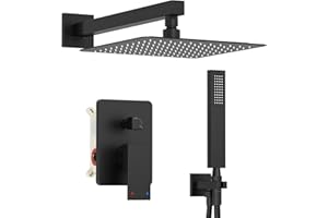 Kurpot Black Shower System, Wall Mounted Shower Faucet Set with Valve, 10-Inch Rainfall Shower Head with Handheld Combo Spray, 59'' Long Shower Hose and Shower Trim Kit, Matte Black
