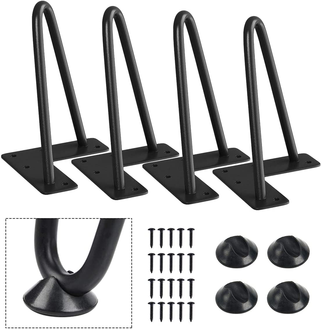 Heavy-Duty Hairpin Coffee Table Legs Diameter 3/8” with Screws and 4pcs Bonus Rubber Floor Protectors, Metal Home DIY Projects for TV Stand, Sofa, Cabinet, etc with Rubber Floor Protectors (6inch)