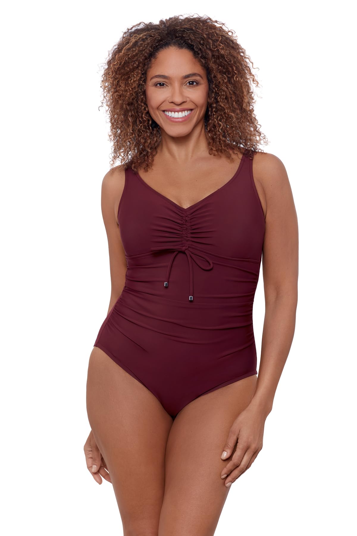 Photo 1 of Aqua Green Women's Standard Tummy Control Cinched V-Neck Side Shirred One Piece Swimsuit, Currant