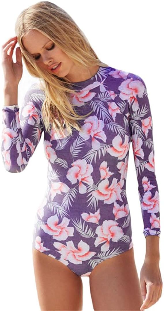 Beachkini Women Floral Zip Up Swimwear Long Sleeve One Piece Swimsuit
