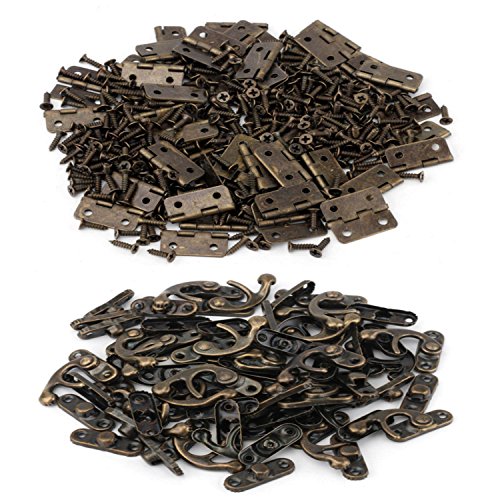 MANSHU 40pcs Small Box Hinges, 20 Sets Antique Right Latch Hook Hasp Wood Jewelry Box Hasp Catch Decoration with 240 Pieces Replacement Screws - Bronze Tone