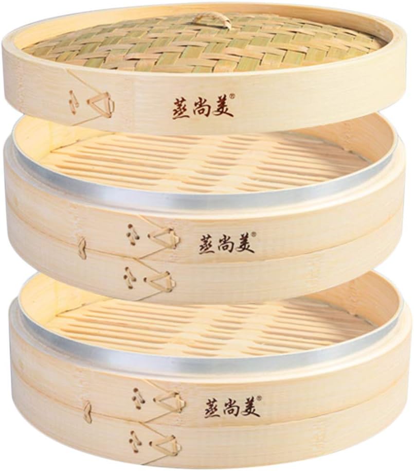 Hcooker 2 Tier Kitchen Bamboo Steamer with Stainless Steel Banding for Asian Cooking Buns Dumplings Vegetables Fish Rice