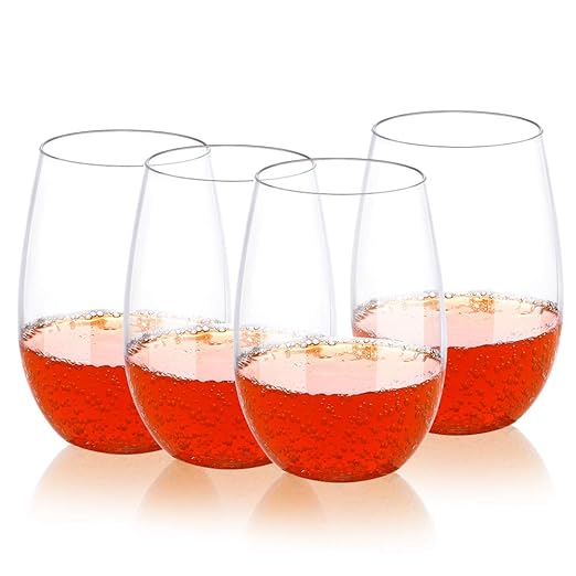 4PCS Kunststoff Wein Gläser, Unzerbrechlich Bruchfeste Stemless Wein Plastikweingläser, BPA frei, Wiederverwendbare Plastikbecher für Parteien, Hochzeiten, Garten - Crystal Clear - 16oz