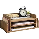 Kirigen Wood Desk Organizer 5 Trays - Desktop Document Letter Tray for Folders, Mail,File -Nature 3-Tier Office Mail Sorter O