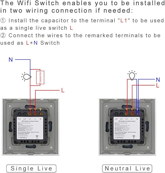 BSEED Interruptor de Pared WiFiInterruptor inteligente 2 Gang 1 Va con Pantalla Tctil BlancoCompatible con Alexa y Google Home Control de APP y Funcin de Temporizador No cable neutro