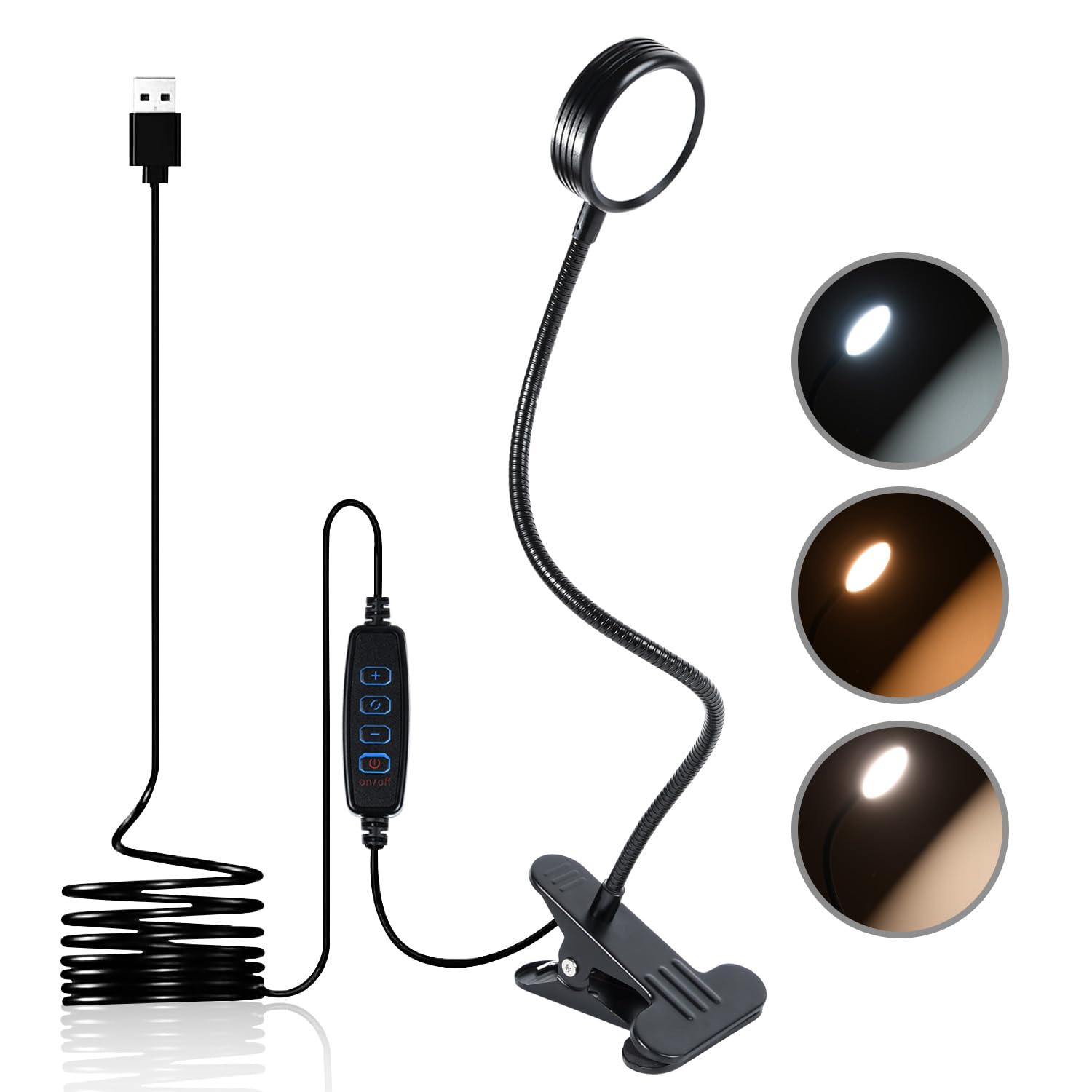 CeSunlight Clip Light, Clamp Reading Lamp, Clip Lamp, 5 W Desk Lamp, Warm & Daylight & White Light 3 Colors, 10 Brightness Levels, 59 Inches USB Cable
