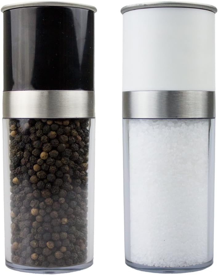 Salt And Pepper Grinder Set – Refillable with Up To 4oz - Adjustable Ceramic Grinder - Set Of A Salt Grinder And Pepper Grinder - Clear Acrylic - Stainless Steel – Spice Grinder - Sea Salt And Peppercorn - EXTRA Grinder Plate Included