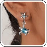Erimberate Bohemian Crystal Turtle Dangle Earrings Silver Sapphire Starfish Stud Earrings Sapphire Cz Turtle Drop Earrings Rhinestone Sea Star Turtle Earrings Jewelry for Women