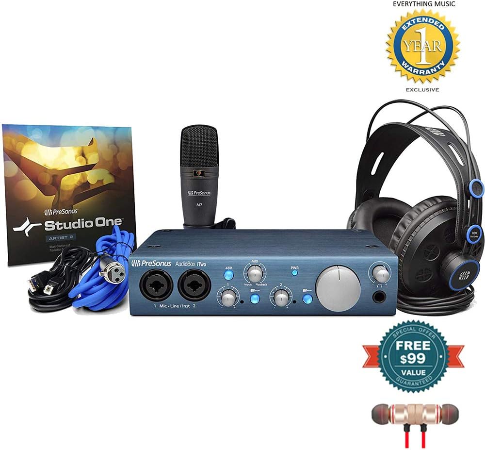 Presonus AudioBox iTwo Studio Complete Mobile Hardware/Software Recording Kit includes Free Wireless Earbuds - Stereo Bluetooth In-ear and 1 Year Everything Music Extended Warranty