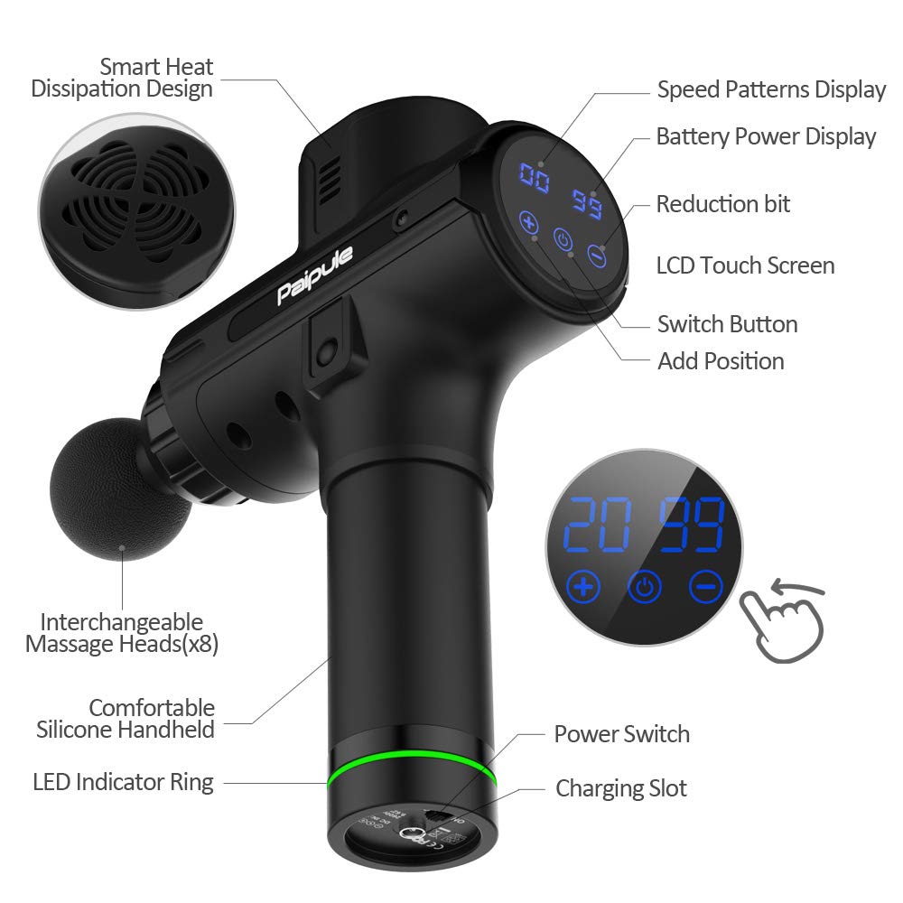 Paipule Massage Gun,Deep Tissue Percussion Muscle Massager,20 Speed Cordless Handheld Massage Gun for Athletes Quiet Massager Muscle Deep Relaxation Massage Machine with 8 Massage Heads(Black)