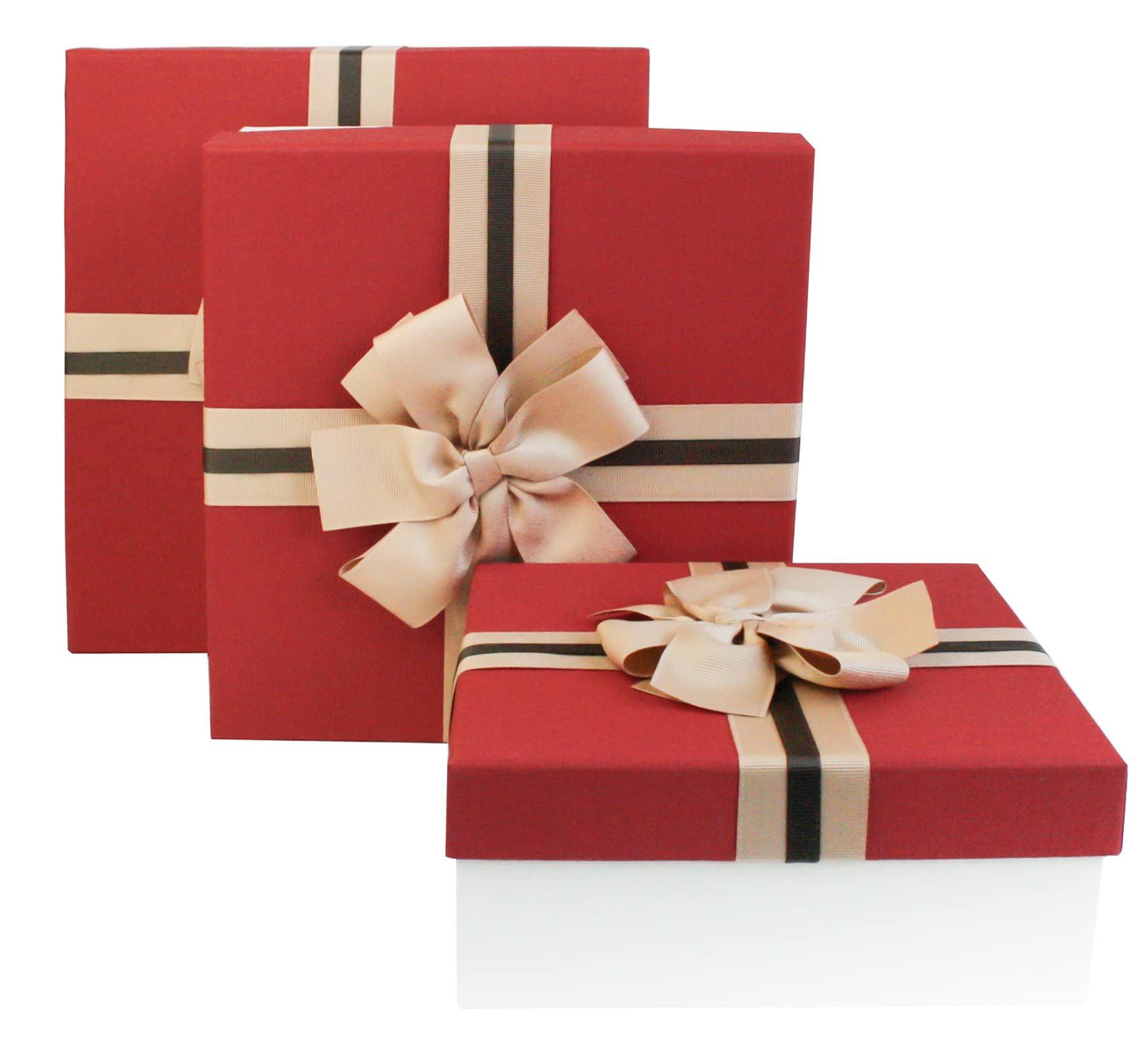 Emartbuy Set of 3 Gift Box, Cream Box with Red Lid and Two Tone Brown Decorative Ribbon