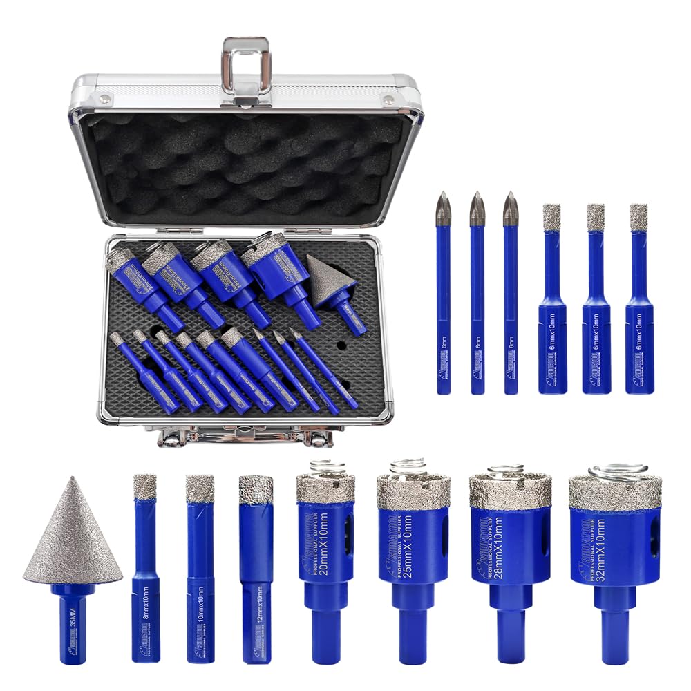 SHDIATOOL Diamond Core Drill Bits Set - 14pcs (10pcs 6/6/6/8/10/12/20/25/28/32mm + 35mm Chamfer Bit + 3pcs 6mm Carbide Drills) with Triangle Shank for Ceramic, Porcelain, Marble, Granite and Quartz