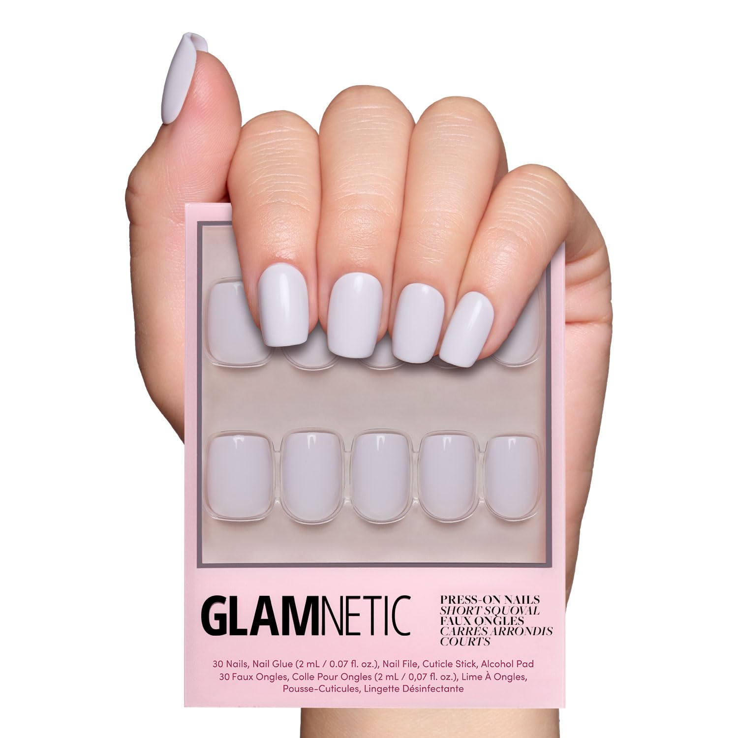 Glamnetic Press On Nails - Lilac Gray | Opaque Pale Light Lilac Gray Short Squoval False Nails, Reusable Stick On Fake Nails with Glue | Salon Quality | 15 Sizes - 30 Nail Kit