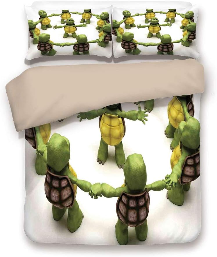Khaki 3pc Bedding Set,Ninja Turtles Dancing Tortoise Team Relax Fun Happiness Childhood Kids Print Decorative Queen Duvet Cover Set,Printed Comforter Cover With 2 Pillowcases for Teens Boys Girls & Ad