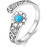 Shysnow Spoon Rings for Women 925 Sterling Silver Vintage Antique Lotus/Sunflower Spoon Adjustable Thumb Ring with Turquoise Flower Jewelry Present for Christmas Mother's Day Birthday