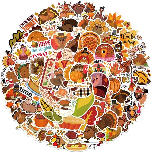 JULBEAR Fall Stickers, 200PCS Thanksgiving Non-Repeating Vinyl Turkey Stickers for Water Bottles, Envelopes, Scrapbooking, Crafts - Funny Fall Holiday Decals for Kids, Teens, Adults