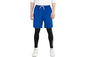 TLAENSON Boys Compression Pants Kids 2 in 1 Football Sports Leggings with Shorts with Zipper Pockets