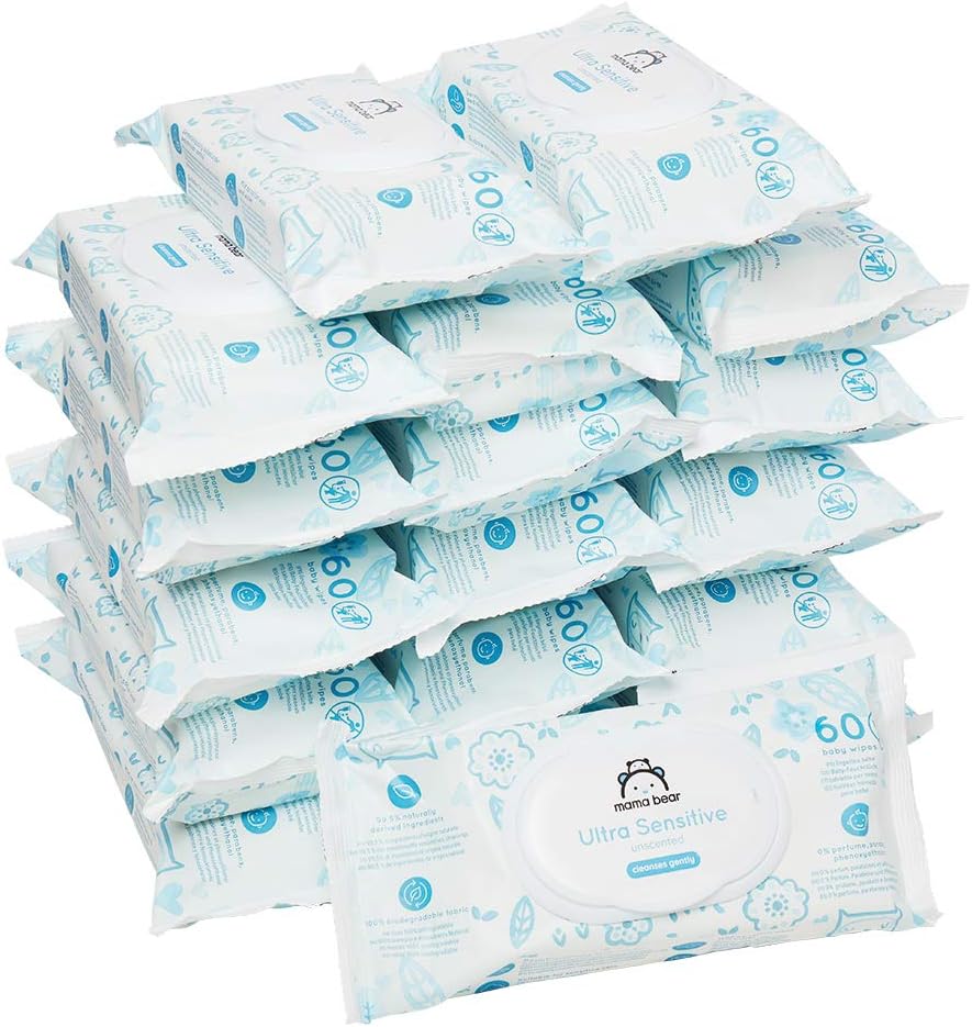by Amazon Ultra Sensitive Baby Wipes, 99% Water, 1080 Wipes, Unscented, 18 Pack of 60, 60 count (Pack of 18)