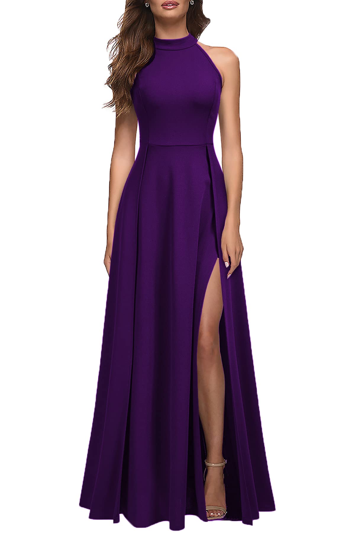 Photo 1 of MUSHARE Women's Halter Neck Sexy Split Cocktail Party Maxi Long Formal Dress Purple