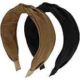 CURASA Knotted Headbands For Women Girls 2PCS Non Slip Top Knot Hairband Cute Wide Head Bands Black Brown Fashion Decorative Hair Bands Soft Solid Hair Accessories Comfortable Elastic Yoga Headpiece