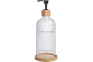 Clear Glass Dish Soap Dispenser by Brighter Barns - Kitchen Sink Set With Bamboo Tray - Modern Decor and Accessories, Minimalist Neutral Home (Clear)