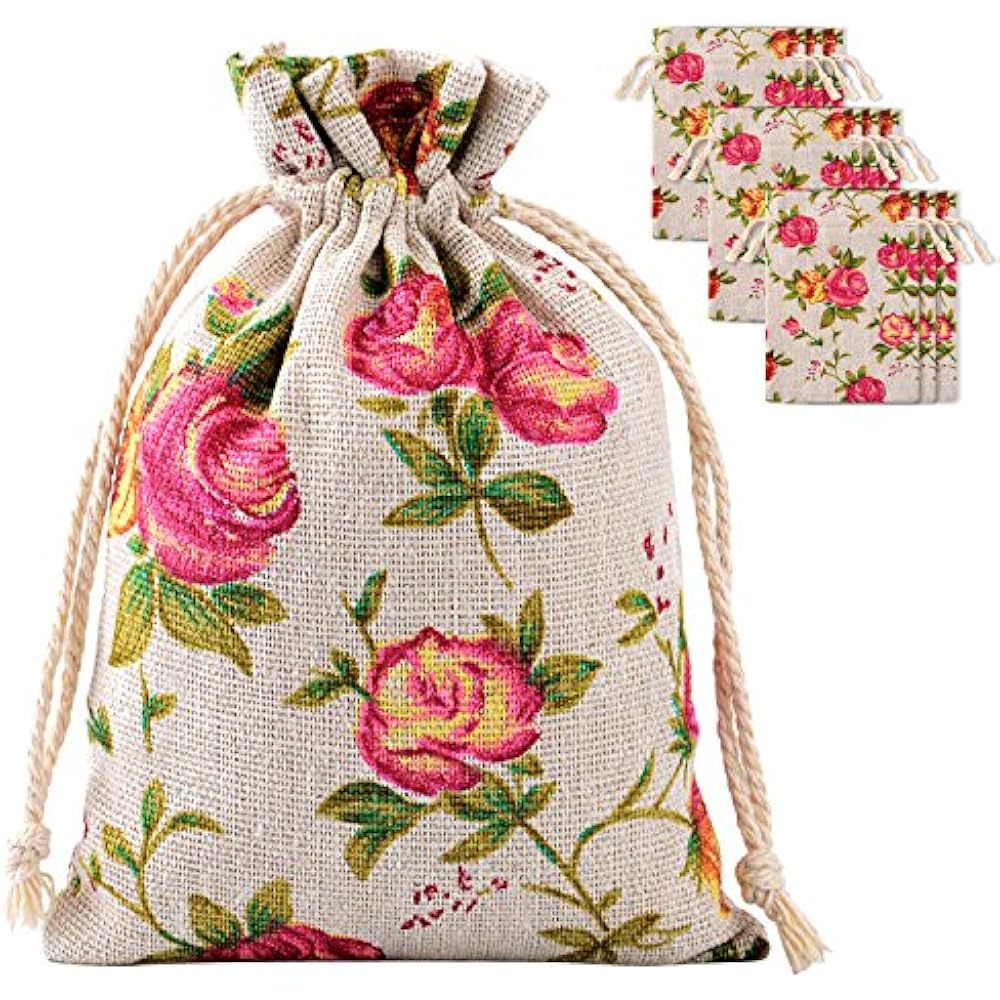 30 Pack Gift Bags Rose Drawstring Burlap Flower Pouch Jewelry Pouches