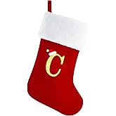 Personalized Christmas Stockings with Initials, 20 Inches Large Red Monogram Velvet Christmas Stocking with Super Soft Plush Cuff for Family Holiday Party Gifts, Xmas Tree and Fireplace Decor(C)