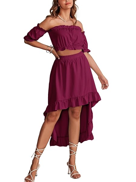 LYANER WOMEN’S TWO PIECE OUTFITS OFF SHOULDER CROP TOP AND HIGH LOW SKIRT SET CRANBERRY RED SMALL