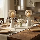 CAUWSAI 2 Pack White Gold Metal Mesh Candle Holder with Crystal Pendants, 9.0" Decorative Pedestal, Candlestick Diamond Globe