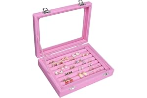Vicoter Rings Organizer Tray 7 Slots Velvet Jewelry Earring Storage Box with Transparent lid Jewelry Display Case for Girls Wife Mom Women (Pink)