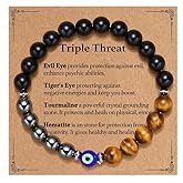 AULSIEY Triple Protection Beaded Bracelet for Men, Natural Stone Birthday Christmas Jewelry for Him Boyfriend Husband