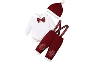 Thorn Tree Baby Boy Clothing Sets Long Sleeve Santa Embroidery Romper with Plaid Overalls and Hat 3Pcs Christmas Outfits
