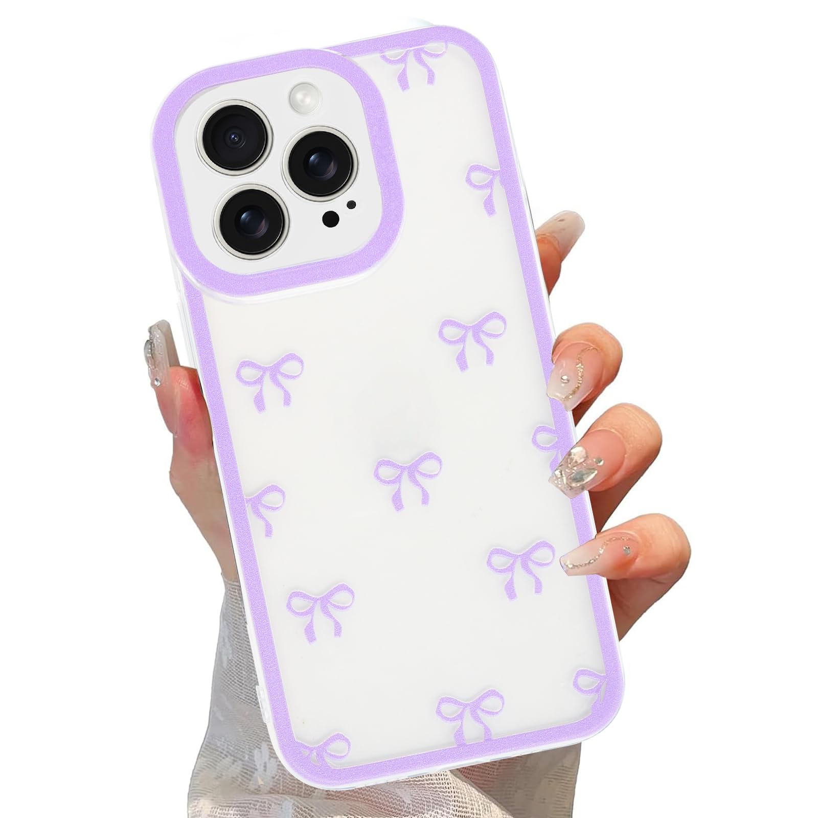 lioscre Cute Coquette Bow Phone Case for iPhone 16 Pro 6.3", Clear Aesthetic Purple Ribbon Bowknot Pattern Print Design Case Transparent Camera Protective Funda Shockproof Soft TPU Women Girls Cover