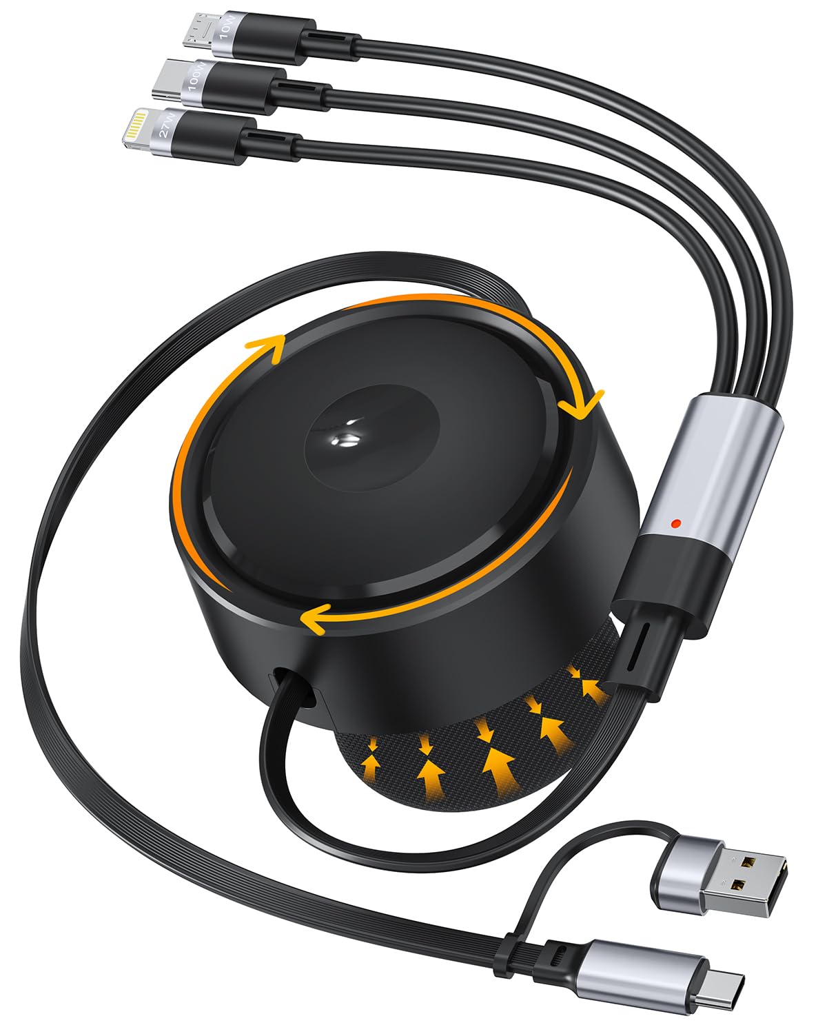 Photo 1 of 100W 6-in-1 Retractable Multi-Charging Cable, 360° Rotatable USB-C and Lightning Fast Charging Cords, Compatible with iPhone 17/16/15, Samsung S25, and Android Devices, Support CarPlay (5.3ft, Black)