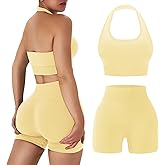 OLCHEE Workout Sets for Women 2 Piece Backless Halter Sports Bra High Waist Booty Shorts Yoga Gym Outfits Lounge Activewear