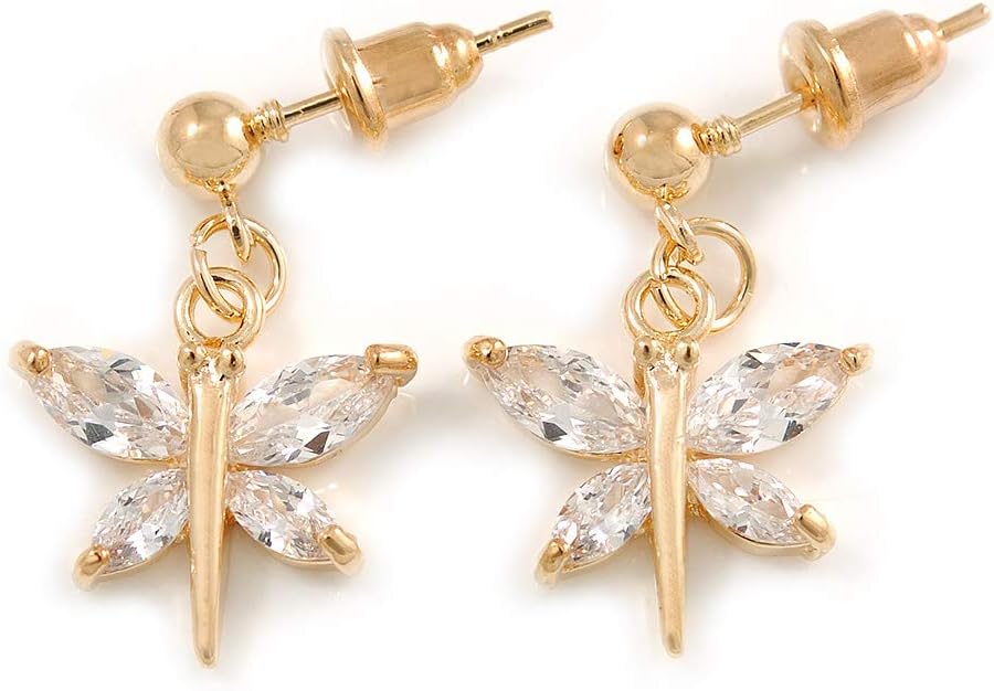Delicate Small CZ Butterfly Drop Earrings In Gold Tone - 20mm Long