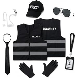 Wrodeeph Security Guard Costume Set 7 Pcs Complete Agent Outfit Reflective Vest Hat Glasses Earpiece Halloween Role Play Cosp