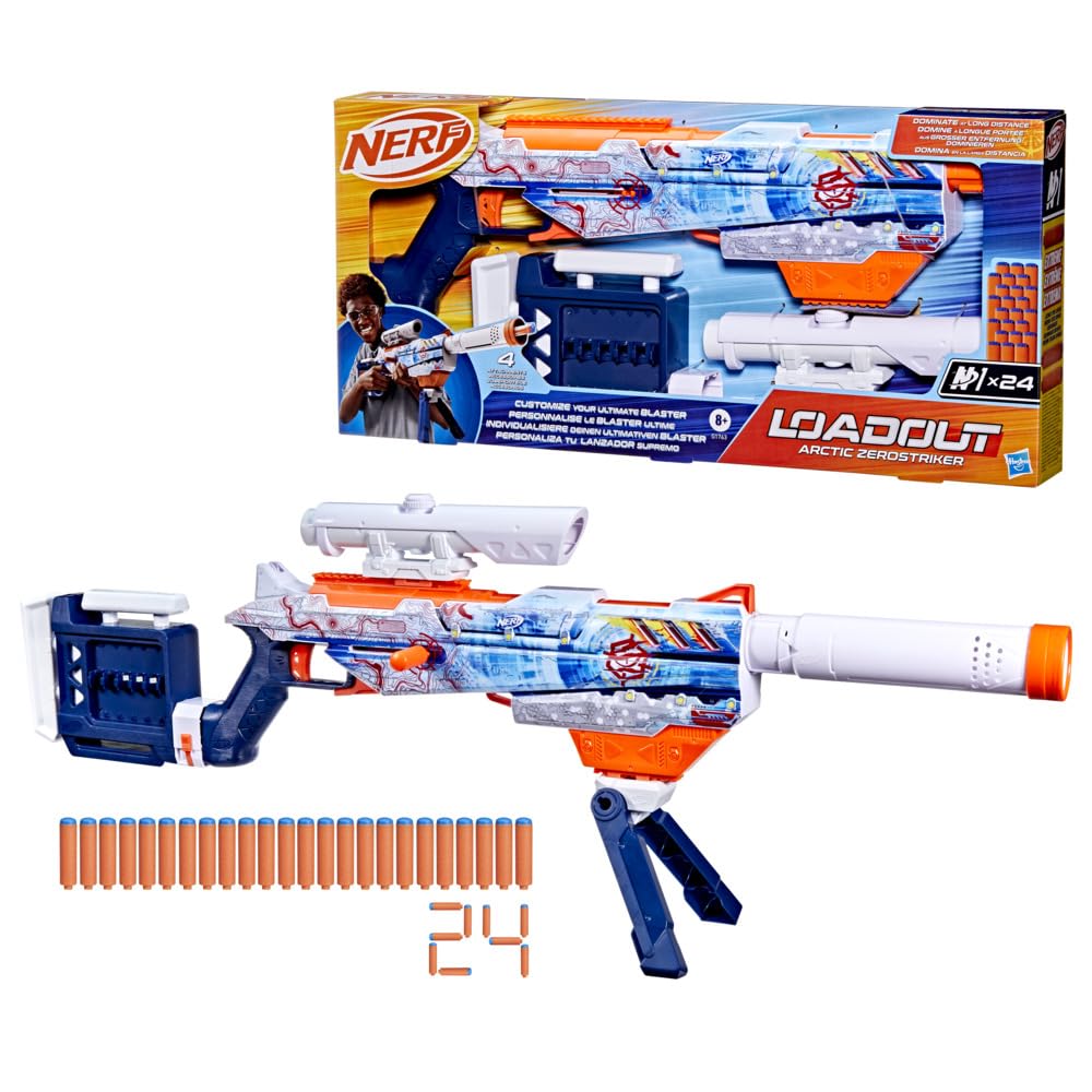 Nerf Loadout Arctic Zerostriker Blaster with Scope, Stock, Barrel & Bipod Attachments, Toy Dart Blaster, 24 Official N1 Foam Darts, Combat Role Play for Kids, Perfect Toys for Boys & Girls