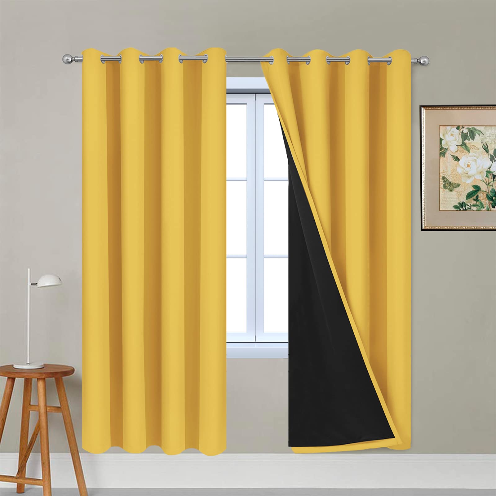 Yakamok Thermal Insulated Blackout Curtains 72 Inches Long Double Layer Room Darkening Noise Reducing Drapes for Bedroom Mustard Yellow 2 Panels